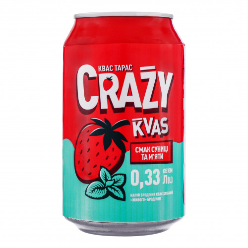 Квас зі смаком суниці і м?яти сильногазований пастеризований Crazy kvas Квас Тарас з/б 0.33л
