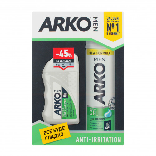 Подарунковий набір ARKO MEN Гель для гоління Anti-Irritation 200мл + бальзам після гоління Anti-Irritation 150мл зі знижкою 45%